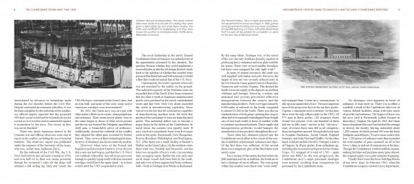 A two-page spread in "The Confederate Steam Navy" by Schiffer Publishing, Ltd. shows text columns, a vintage ship photo on the left, and a black-and-white fort illustration on the right, discussing Civil War steamships and related history.