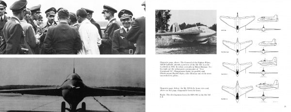 Messerschmitt Me 163 “Komet” Vol.I by Schiffer Publishing, Ltd. features black and white photos of Nazi officers, jets on runways, technical sketches of rocket fighter planes, and detailed info on Mano Ziegler and WWII aviation history.