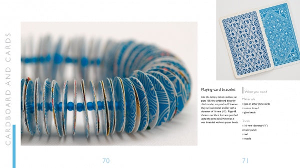 A close-up of Paper Jewelry by Schiffer Publishing, Ltd. shows a bracelet of stacked blue playing cards with beads. Also shown: two cards and instructions—ideal for jewelry makers or creative recycled paper craft enthusiasts.