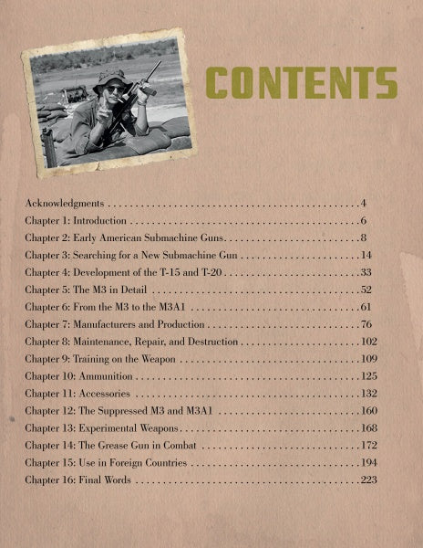 The table of contents for "The US M3/M3A1 Submachine Gun" by Schiffer Publishing, Ltd. features a sepia WWII photo of a soldier with an M3 Grease Gun and lists chapters on its history, development, and use, with page numbers for each.