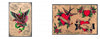 Two Italian Tattoo Flash sheets from Schiffer Publishing, Ltd.: one with a vibrant bird, green snake, and flowers; the other with hearts, banners, flowers, and hands—classic Milan tattoo art.
