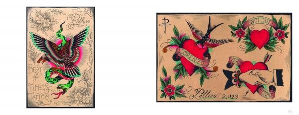 Two Italian Tattoo Flash sheets from Schiffer Publishing, Ltd.: one with a vibrant bird, green snake, and flowers; the other with hearts, banners, flowers, and hands—classic Milan tattoo art.