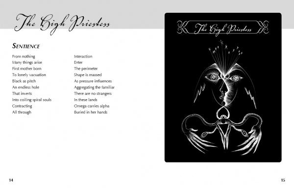 The White Witch Tarot by Schiffer Publishing, Ltd. features a black and white Major Arcana card, The High Priestess, with an abstract feminine face and hands. A poem titled Sentience appears in a serif font on a white background.