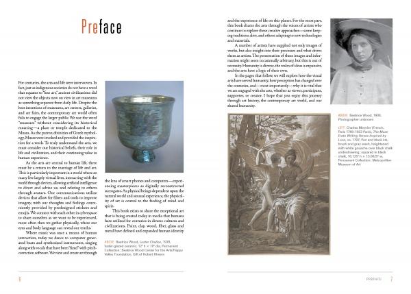 Intersection" by Schiffer Publishing, Ltd.: A book spread featuring text, a silver bowl image on the left page, and on the right—a photo of a woman in a hat above an illustration of angelic figures—celebrating art and creativity.
