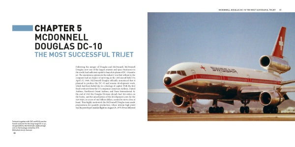 A chapter title page in "McDonnell Douglas DC-10/MD-11" by Schiffer Publishing, Ltd. shows text on the left about the DC-10's legacy and a right-side photo of a Swissair DC-10 taxiing before mountains and a blue sky.