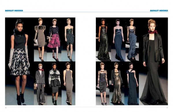 A lookbook spread from "The SFP LookBook: Mercedes-Benz Fashion Week Fall 2013 Collections" by Schiffer Publishing, Ltd. showcases models on the runway in elegant fall styles against a black background.