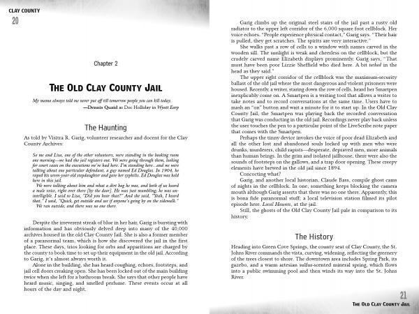 An open book shows Chapter 2, “The Old Clay County Jail,” from Women in White by Schiffer Publishing, Ltd., detailing the jail’s history, its haunted reputation, and northeast Florida’s mysterious Women in White ghost stories.