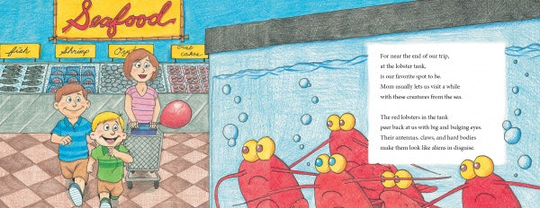 A family of three—two kids and a woman—smile as they walk by a seafood counter. In a tank, red lobsters with wide eyes watch them, reminiscent of the playful crustaceans in "Lobsters on the Loose" by Schiffer Publishing, Ltd.