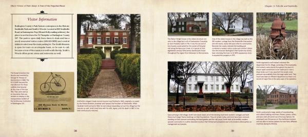 A two-page spread from "Ghost Towns of New Jersey" by Schiffer Publishing, Ltd. features touring info about Victor, historic photos of NJ ghost towns, and images of buildings, a statue, and a vintage bicycle among trees and greenery.