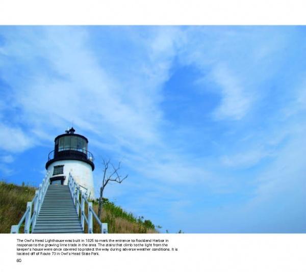 A black and white lighthouse atop a hill, with a white stairway and grassy surroundings under a bright blue sky, features in "Maine Coast Perspectives" by Schiffer Publishing, Ltd.—capturing the scenic charm of Route 1, Maine.