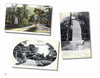 Three vintage Berkshires postcards from Schiffer Publishing, Ltd. feature a stone monument in various outdoor scenes—by a Mohawk Trail bridge, in a grassy clearing, and in close-up with inscription—all framed by trees.