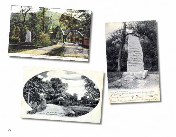 Three vintage Berkshires postcards from Schiffer Publishing, Ltd. feature a stone monument in various outdoor scenes—by a Mohawk Trail bridge, in a grassy clearing, and in close-up with inscription—all framed by trees.