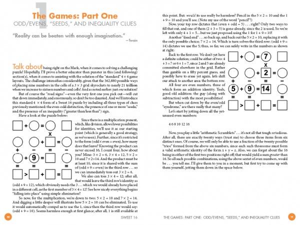 An open Sweet 16 puzzle book by Schiffer Publishing, Ltd. shows brain-boosting math puzzles with circles, squares, numbers games, and symbols under "The Games: Part One" and "Talk about," plus instructions and sample puzzles.