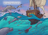 Cover art for "The Bossy Pirate" by Schiffer Publishing, Ltd. shows a sailing ship with dolphins, flying fish, and a pelican nearby; underwater swim more dolphins, fish, and a squid as two people watch from the deck in this playful children's book about cooperation.
