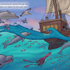 Cover art for "The Bossy Pirate" by Schiffer Publishing, Ltd. shows a sailing ship with dolphins, flying fish, and a pelican nearby; underwater swim more dolphins, fish, and a squid as two people watch from the deck in this playful children's book about cooperation.