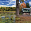 On the left, a lush green lakeside with reeds meets a blue sky. On the right, a stone house with green shutters sits among autumn trees in Delaware Water Gap National Recreation Area by Schiffer Publishing, Ltd.