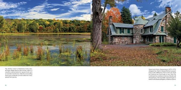 On the left, a lush green lakeside with reeds meets a blue sky. On the right, a stone house with green shutters sits among autumn trees in Delaware Water Gap National Recreation Area by Schiffer Publishing, Ltd.