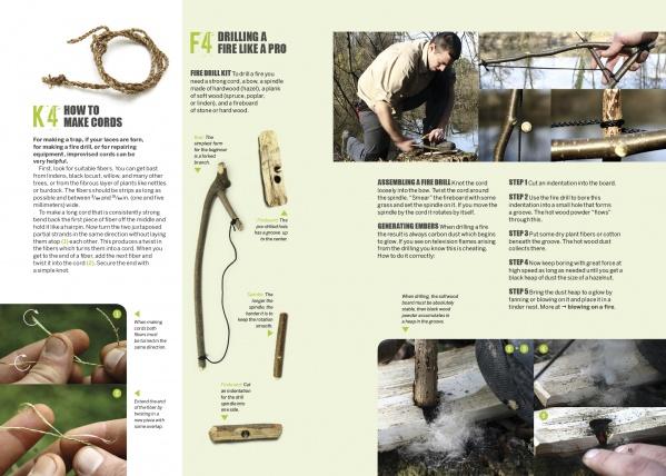 The Global Outdoor Survival Guide by Schiffer Publishing, Ltd. features step-by-step photos on making cords, tying fibers, assembling a bow drill, and starting a fire—essential wilderness skills for outdoor survival.