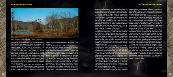 A two-page spread from Schiffer Publishing, Ltd.'s West Virginia's Dark Tourism features spooky landmarks and haunted places; the left page shows a Ferris wheel by wooded hills, while the right presents detailed text.
