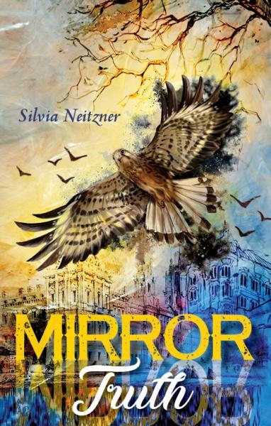 The Mirror Truth Lenormand Cards by Schiffer Publishing, Ltd. features a cover with a hawk soaring above an abstract, colorful cityscape filled with bare trees and birds, inspired by Mirror Lenormand cards.
