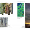 A spread from "New Directions" by Schiffer Publishing, Ltd. features four art quilts: two with abstract tree motifs, one depicting a winding blue river with green land, and another showing a sunset cityscape—demonstrating contemporary quilting creativity.