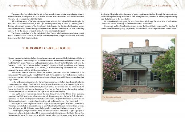 A spread in *Virginia's Haunted Historic Triangle 2nd Edition* by Schiffer Publishing, Ltd. features text on the haunted Robert Carter House next to a color photo of its historic gray two-story facade, brick chimney, green shutters, and fenced yard.