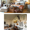 Two views of an eclectic living room from "Showhouses 3" by Schiffer Publishing, Ltd. feature creative design with a bed, wicker trunks, leather chairs, animal print pillows, globe decor, gallery wall art, and a zebra head—perfect for decorator inspiration.