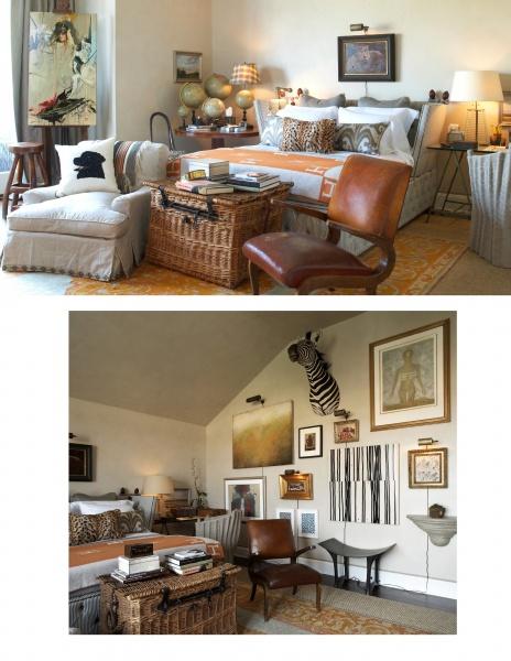 Two views of an eclectic living room from "Showhouses 3" by Schiffer Publishing, Ltd. feature creative design with a bed, wicker trunks, leather chairs, animal print pillows, globe decor, gallery wall art, and a zebra head—perfect for decorator inspiration.