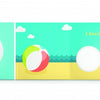 A spread from Think Circles! by Schiffer Publishing, Ltd. shows a colorful beach ball on sand with waves, clouds, and a starfish. The left page features the number 1 and “Colorful Circle. Who can it be?” The right reads “1 Beach Ball.”.