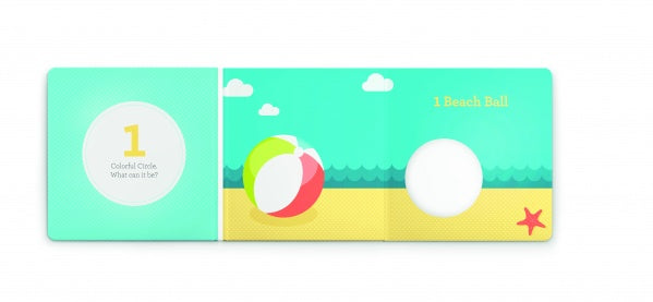 A spread from Think Circles! by Schiffer Publishing, Ltd. shows a colorful beach ball on sand with waves, clouds, and a starfish. The left page features the number 1 and “Colorful Circle. Who can it be?” The right reads “1 Beach Ball.”.
