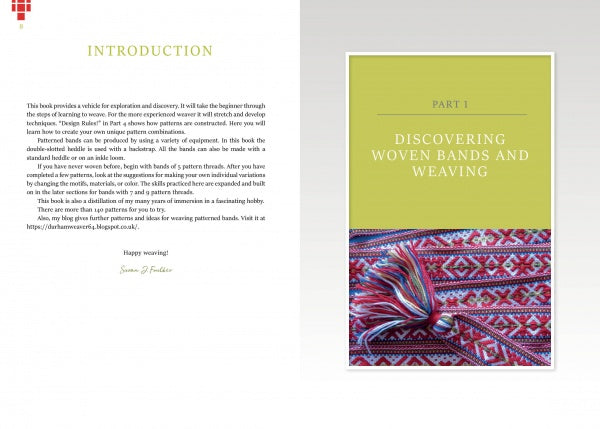 Two pages from Weaving Patterned Bands by Schiffer Publishing, Ltd. are shown: the left introduces exploring patterned band weaving; the right, titled "Part 1," features colorful woven bands and tassels inspired by Baltic craft tradition.