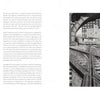 In Scott Fraser by Schiffer Publishing, Ltd., a two-page spread displays abstract red and blue paintings with text on the left, while the right page shows a detailed black-and-white illustration of railroad tracks beneath a bridge with buildings and trees.