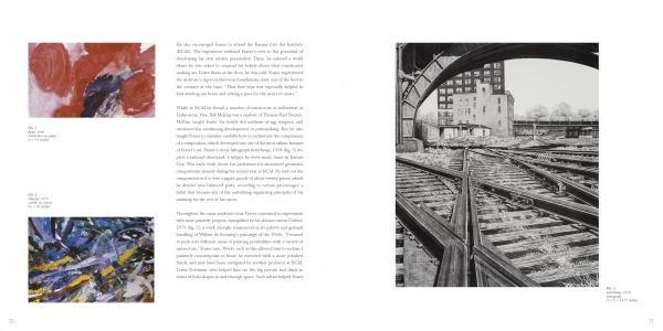 In Scott Fraser by Schiffer Publishing, Ltd., a two-page spread displays abstract red and blue paintings with text on the left, while the right page shows a detailed black-and-white illustration of railroad tracks beneath a bridge with buildings and trees.