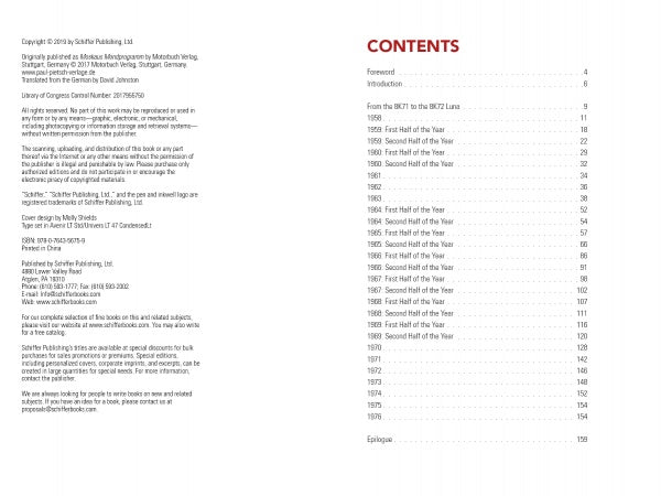 A spread from *The Soviet Space Program* by Schiffer Publishing, Ltd.: the left page displays publishing credits and copyright info, while the right page’s table of contents lists chapters (e.g., N1 rocket, Saturn V) with right-aligned page numbers.