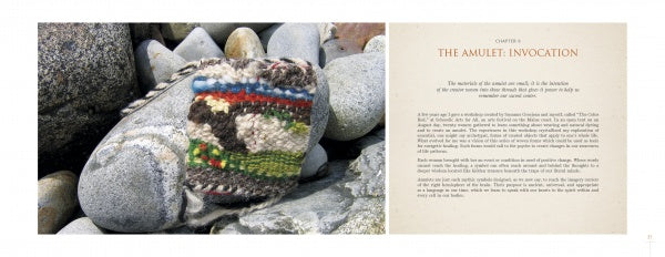 A colorful, knitted amulet pouch rests on smooth gray rocks. On the right, a page from The Art of Weaving a Life by Schiffer Publishing, Ltd. explores amulets and their meaning in one's inner life.