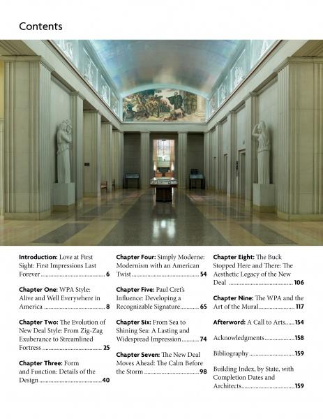 Table of contents for WPA Buildings by Schiffer Publishing, Ltd., with a hallway featuring WPA columns and a mural. Sections and page numbers on WPA art and New Deal murals appear on the right side of the page.