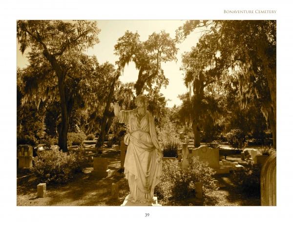 A sepia-toned photo from "Savannah Cemeteries" by Schiffer Publishing, Ltd. shows a large angel statue with one arm raised amid gravestones and moss-draped trees in famed Bonaventure Cemetery.
