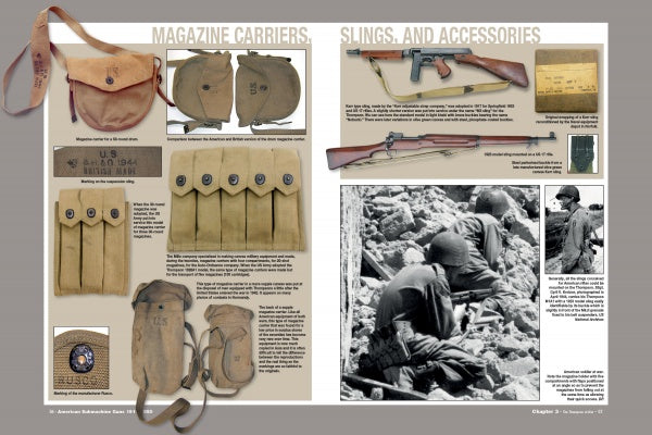 A two-page spread in American Submachine Guns, 1919–1950 by Schiffer Publishing, Ltd. displays WWII military gear—magazine pouches, slings, the Thompson submachine gun—with detailed text and B&W photos of soldiers in action.