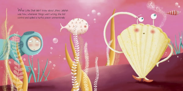 Little Shell and Jittery Jellyfish" by Schiffer Publishing, Ltd. features an illustrated underwater world with a worried shell, pufferfish, jellyfish, and a character in a diving helmet—ideal for a friendship story.