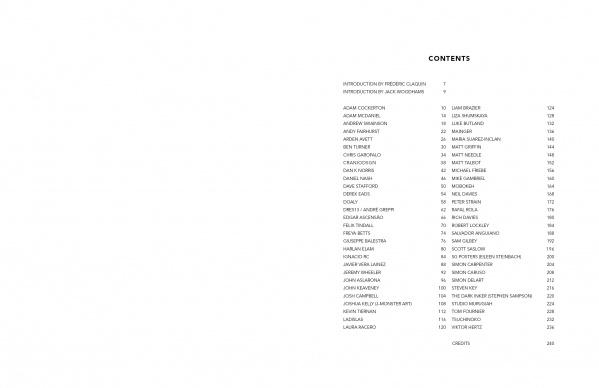 A table of contents headed CONTENTS lists contributor names and page numbers. Right-aligned text on a mostly white background evokes the sleek pop culture film art style found in PosterSpy by Schiffer Publishing, Ltd.