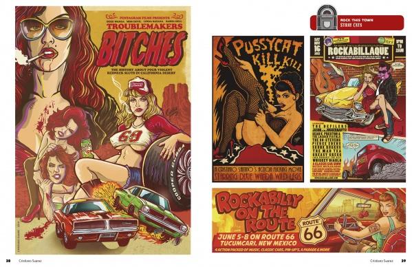 A vibrant collage of retro posters featuring women, vintage cars, and Route 66 signs captures the bold, 1950s rockabilly and psychobilly style in "Rockabilly/Psychobilly" by Schiffer Publishing, Ltd.