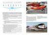 Classic Light Aircraft by Schiffer Publishing, Ltd. features a magazine spread with text and photos of a red and yellow high-wing plane in a hangar (top) and a white and brown taildragger parked outside (bottom right).