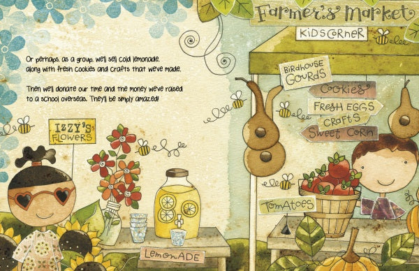 A charming illustration from "Change the World Before Bedtime" by Schiffer Publishing, Ltd. shows kids at a lively farmer’s market stand selling flowers, lemonade, cookies, eggs, and veggies—an inspiring scene for early readers ages 5-8.