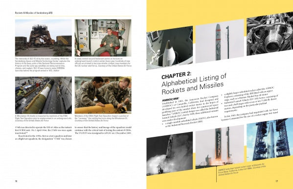Two pages from "Rockets and Missiles of Vandenberg AFB" by Schiffer Publishing, Ltd.: Left page features photos and info on ballistic missiles; right page introduces Chapter 2: Alphabetical Listing of Rockets and Missiles with launch images.