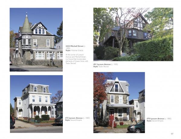 A collage of four photos from "Historic Architecture in Philadelphia: East Falls, Manayunk, and Roxborough" by Schiffer Publishing, Ltd. highlights unique local Victorian Eclectic and Second Empire homes with labeled addresses on a white background.