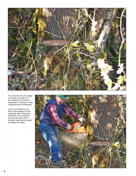 Two images from "Wood Turning, from Tree to Table" by Schiffer Publishing, Ltd.: the top shows a wedge cut in a tree trunk, and the bottom shows a person in safety gear chainsawing the base of a mossy tree outdoors.