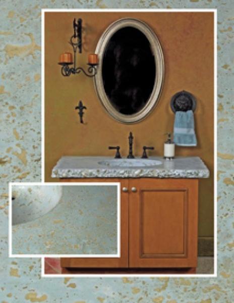 A bathroom vanity with a granite-patterned countertop—featured in "Casting Concrete Countertops" by Schiffer Publishing, Ltd.—inspires DIY projects. Inset shows a close-up of the surface for detailed reference.