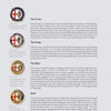 Page 23 of *Alfa Romeo: A Century of Innovation* (Schiffer Publishing, Ltd.) displays five Alfa Romeo emblems (1910–1950) with descriptions and text detailing their meanings and the brand's storied automotive history.