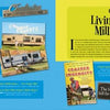 A vibrant magazine spread titled Don't Call Them Trailer Trash by Schiffer Publishing, Ltd. showcases photos of trailer homes, books on mobile home living, retro signs, and bold yellow-blue backgrounds with quotes on trailer park culture.