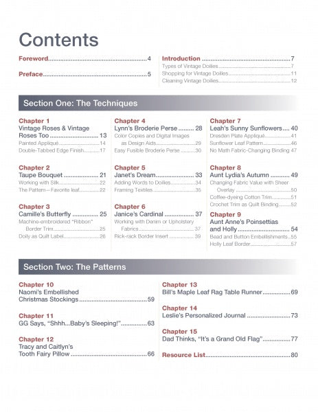 Quilting with Doilies by Schiffer Publishing, Ltd. features a tidy two-column table of contents listing sewing and quilting projects in sections like The Techniques and The Patterns, covering pages 4–97 with section titles, chapter names, and page numbers.